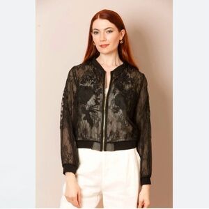 NWT Jessie Liu Iris Tulle Lace Combo Embroidered Silk Bomber Jacket Black XS